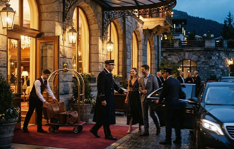 Arrivée de clients à l’entrée d’un palace suisse au crépuscule, voiturier et bagagiste