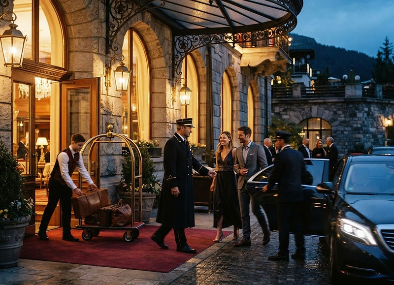 Façade d’un hôtel avant son ouverture, au lever du jour