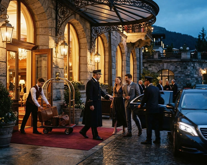 Arrivée de clients à l’entrée d’un palace suisse au crépuscule, voiturier et bagagiste