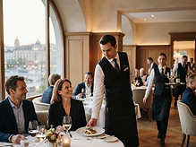 Salle de restaurant gastronomique dressée avant le service du soir