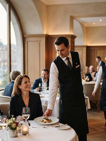 Clients attablés au restaurant pendant le service, serveur à leur table
