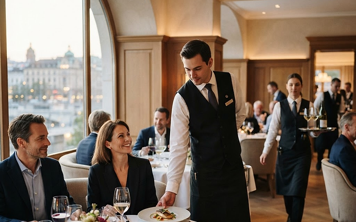 Serveur présentant un plat à une table de clients dans une salle en plein service