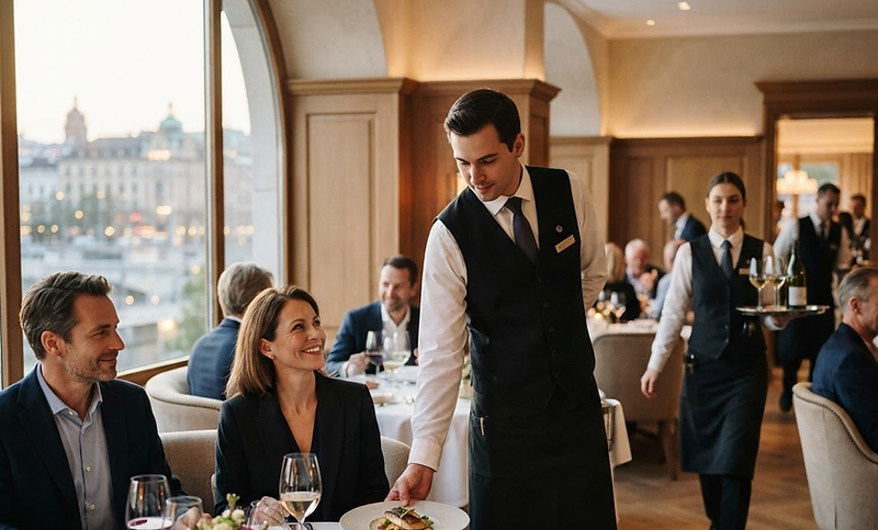 Serveur présentant un plat à une table de clients dans une salle en plein service
