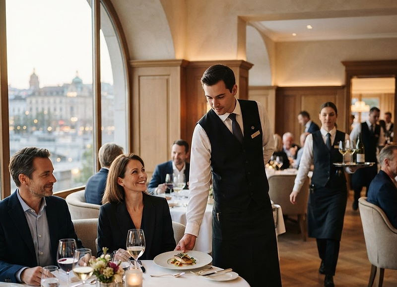Service en salle dans un restaurant gastronomique pendant le dîner