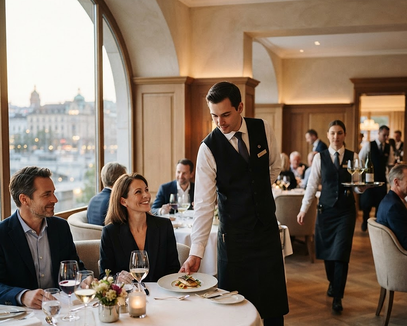 Clients attablés au restaurant pendant le service, serveur à leur table
