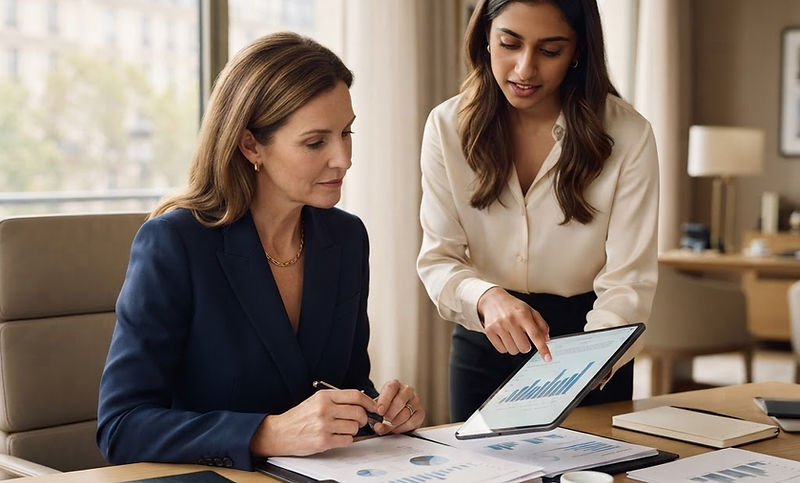Hotel director reviewing audit reports with a colleague at her side
