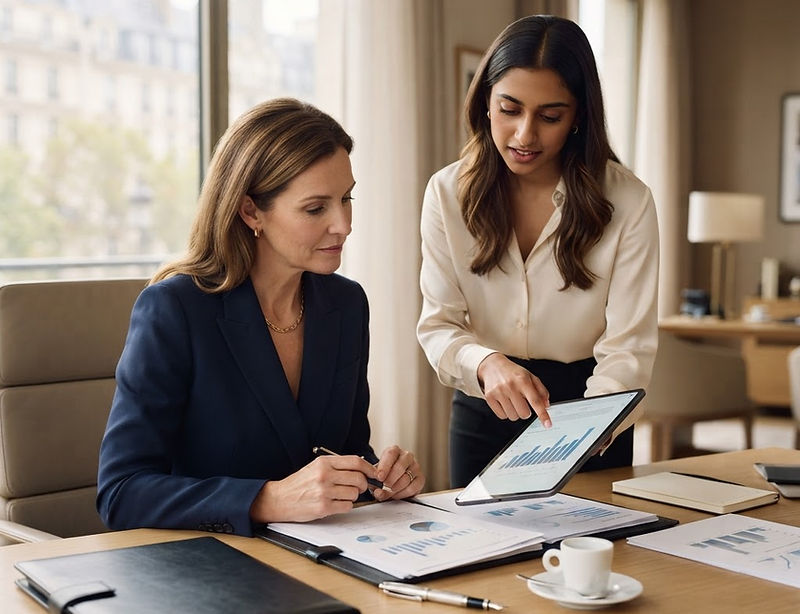 Directrice d’hôtel analysant des rapports d’audit avec un collaborateur à ses côtés