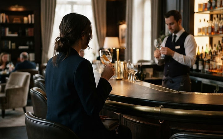 Cliente mystère attablée au bar d’un hôtel, observant la salle en toute discrétion