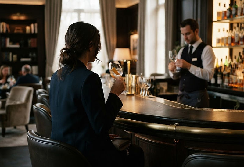 Cliente mystère attablée au bar d’un hôtel, observant la salle en toute discrétion
