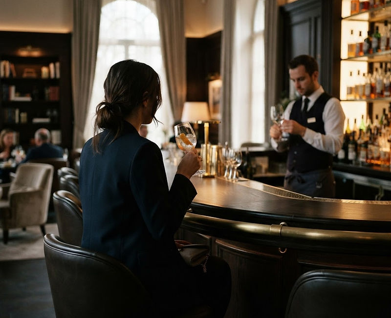 Mystery guest seated at a hotel bar, discreetly observing the room