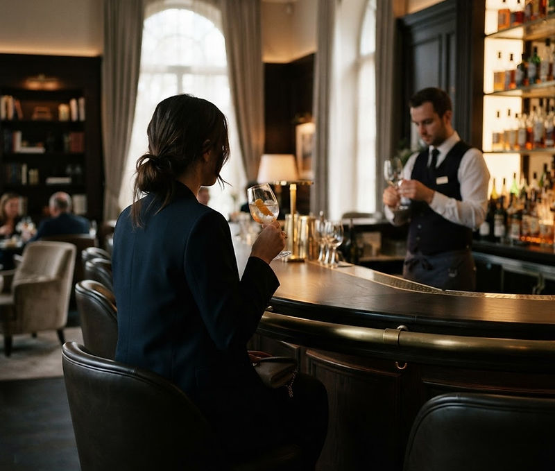 Cliente mystère attablée au bar d’un hôtel, observant la salle en toute discrétion
