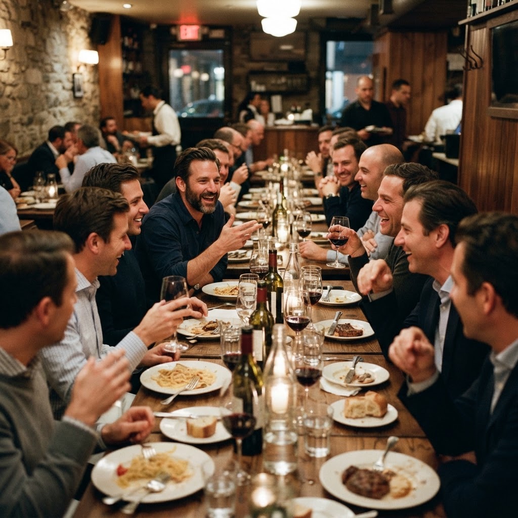 Men sharing a long dinner table in a warmly lit restaurant