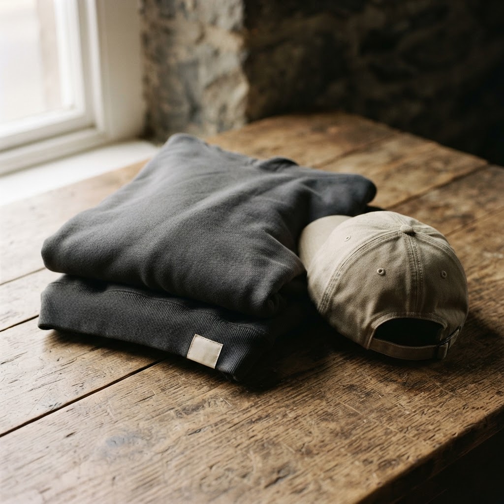 Heavyweight charcoal cotton hoodie folded on a plank beside a sand canvas cap
