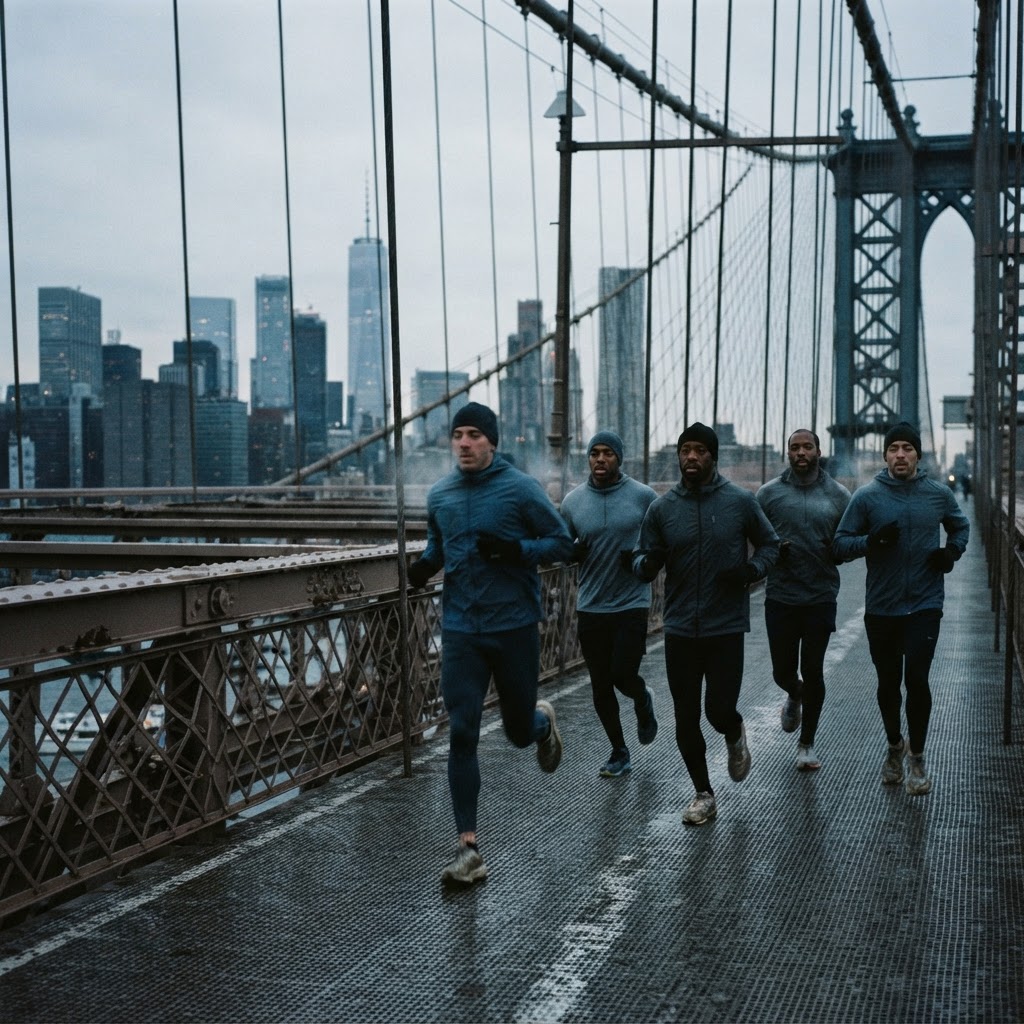 A running club crossing a New York City bridge at dawn