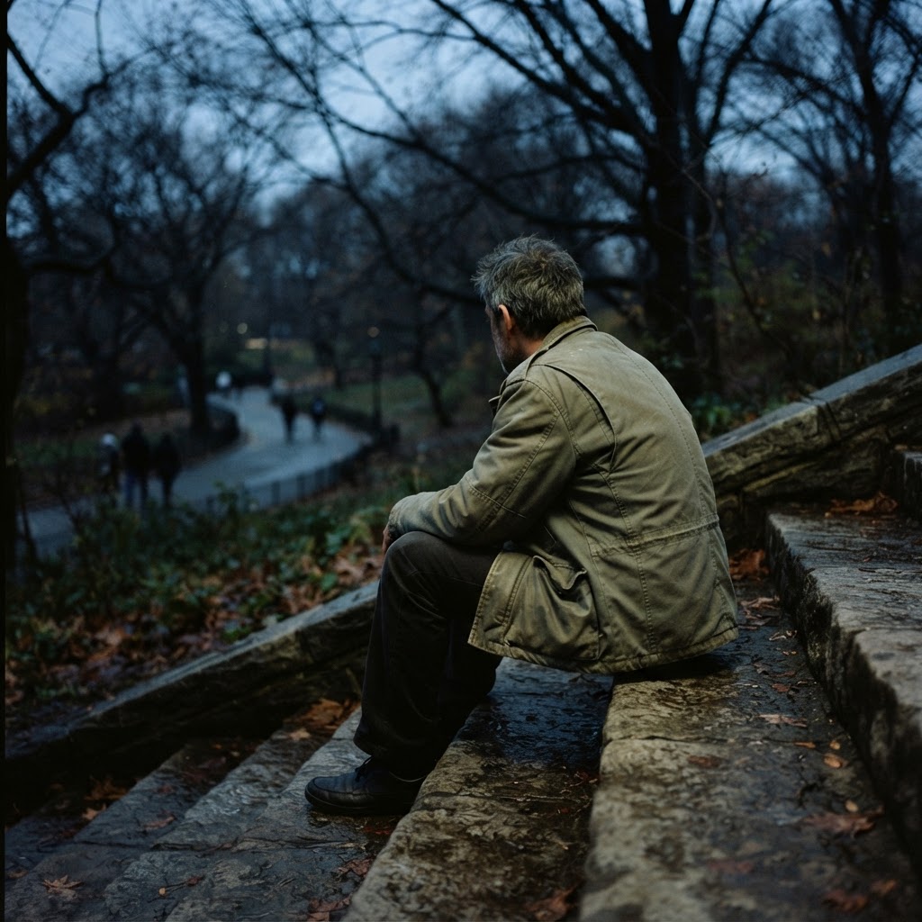 A man sitting alone on stone steps in a city park at dusk