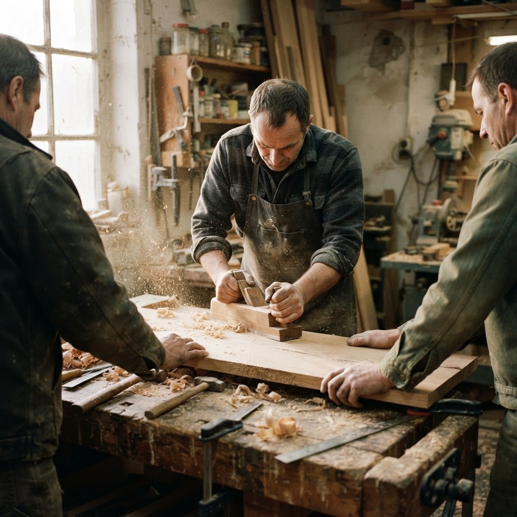 Men working together around a workbench in a Brooklyn woodshop