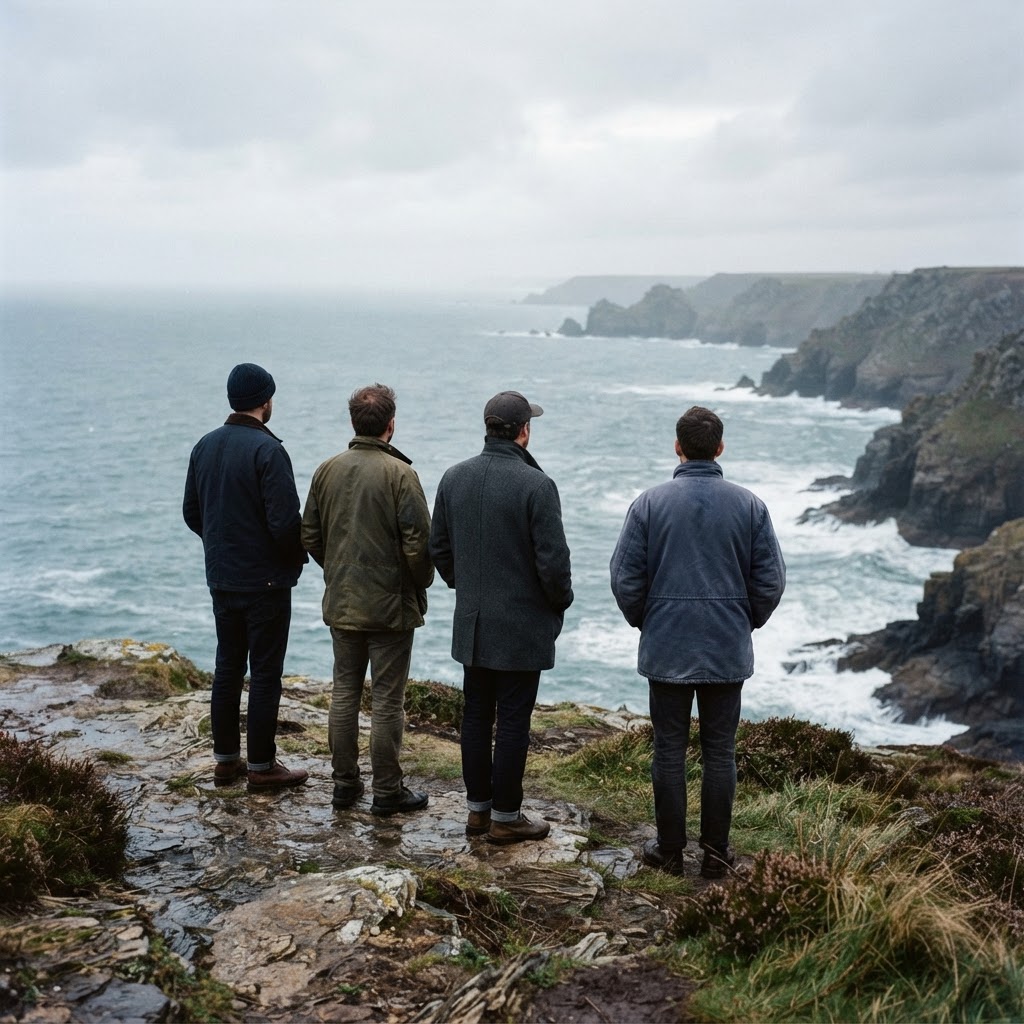 Four men standing together on a coastal headland above cold grey water at first light