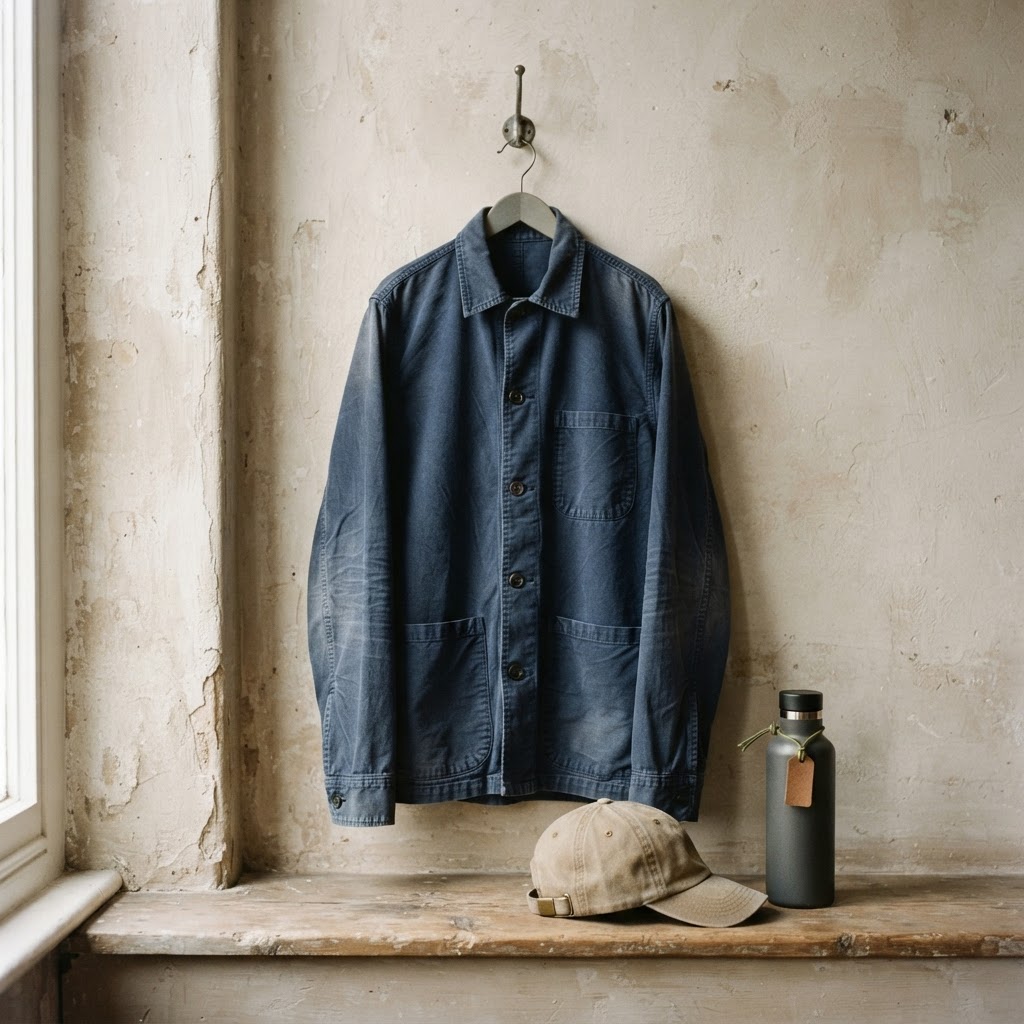 Washed navy overshirt hanging beside a sand canvas cap and matte charcoal bottle