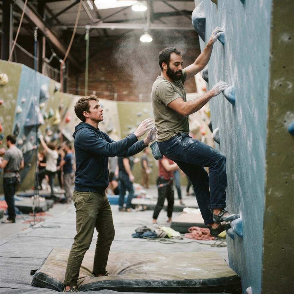 Two men climbing in a Brooklyn bouldering gym