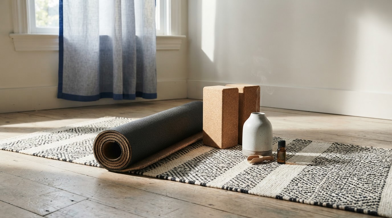 A calm wellness corner with a yoga mat, cork blocks and an aroma diffuser in soft morning light