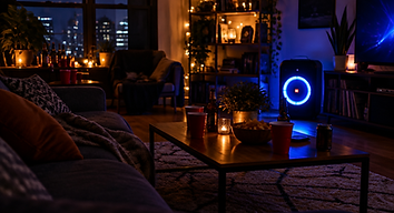 Salon aménagé pour une soirée avec enceinte lumineuse bleue