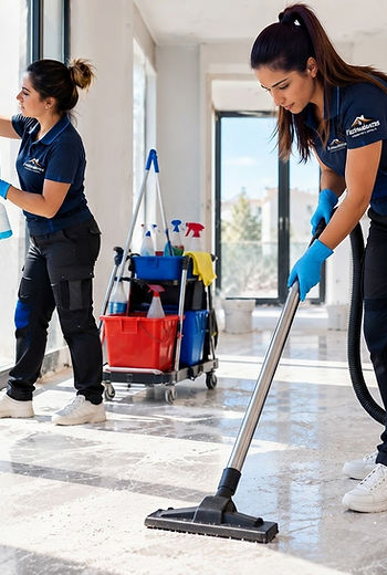 Dos profesionales de Fastmudanzas Gruppe Fast uniformadas realizando una limpieza de fin de obra en una vivienda moderna