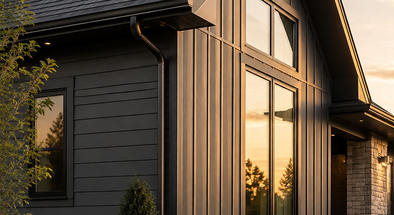 Completed home exterior with new siding, roof, and gutters