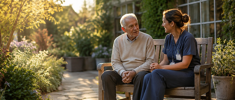 An older man and a care professional in warm conversation in a garden courtyard
