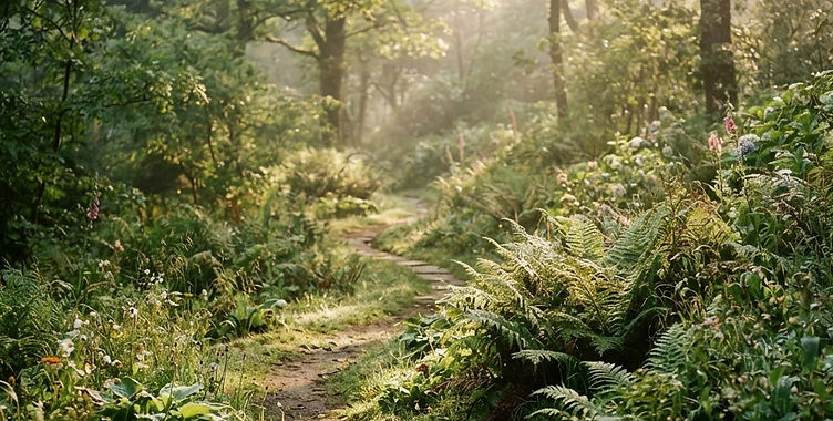 A sunlit garden path, a calm and natural setting