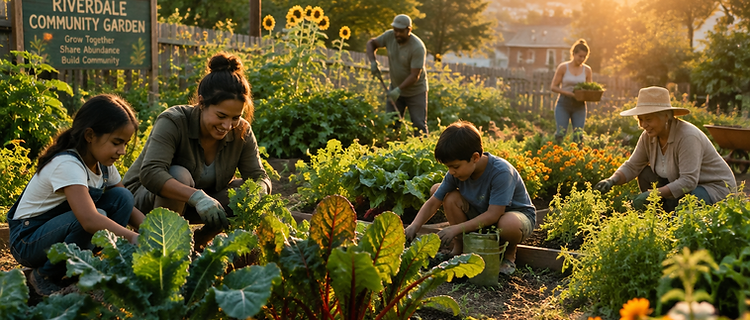 A sunlit community garden where neighbors of different ages tend vegetables together