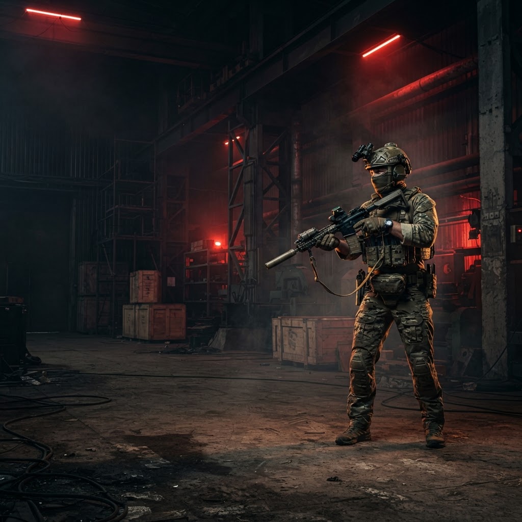 WarV operator in the red-lit warehouse lobby