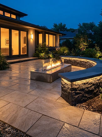 Stone patio and fire feature built into a custom backyard design