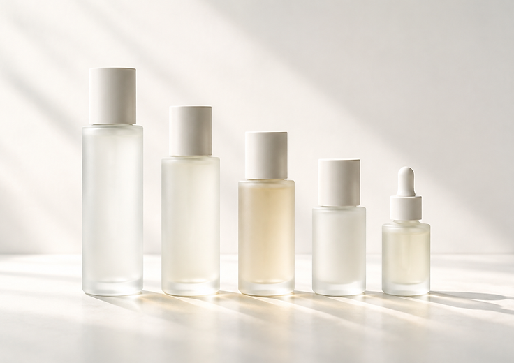 A row of frosted glass skincare bottles in soft daylight
