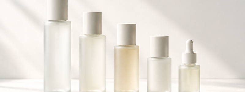 Skincare bottles lined up on a pale surface