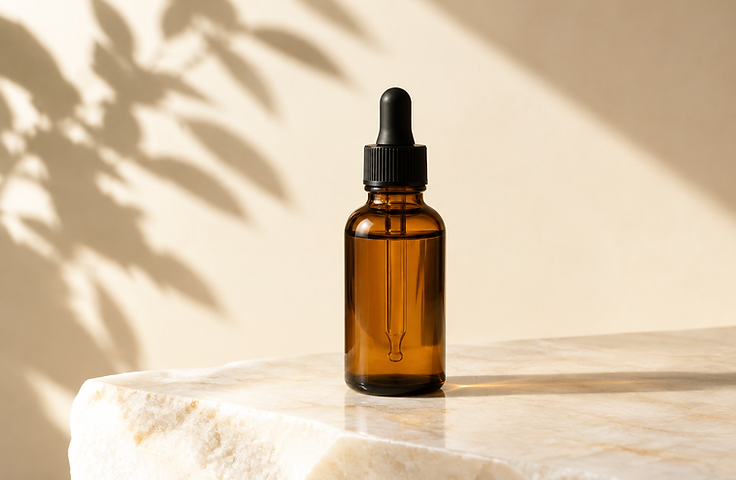 Amber glass skincare bottle on a pale stone surface