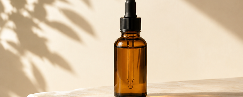 Clean skincare bottle resting on a pale stone surface