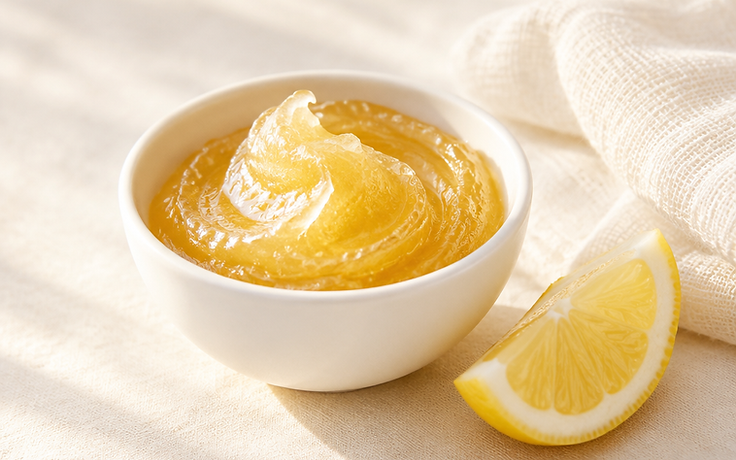 Natural sugar paste in a white ceramic bowl beside lemon and muslin