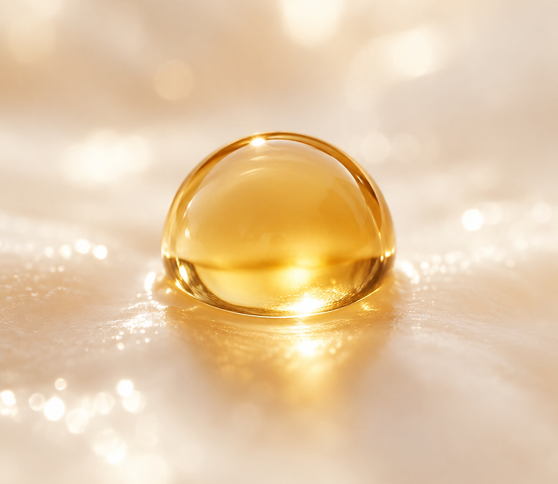 Macro detail of a golden botanical facial oil in warm light