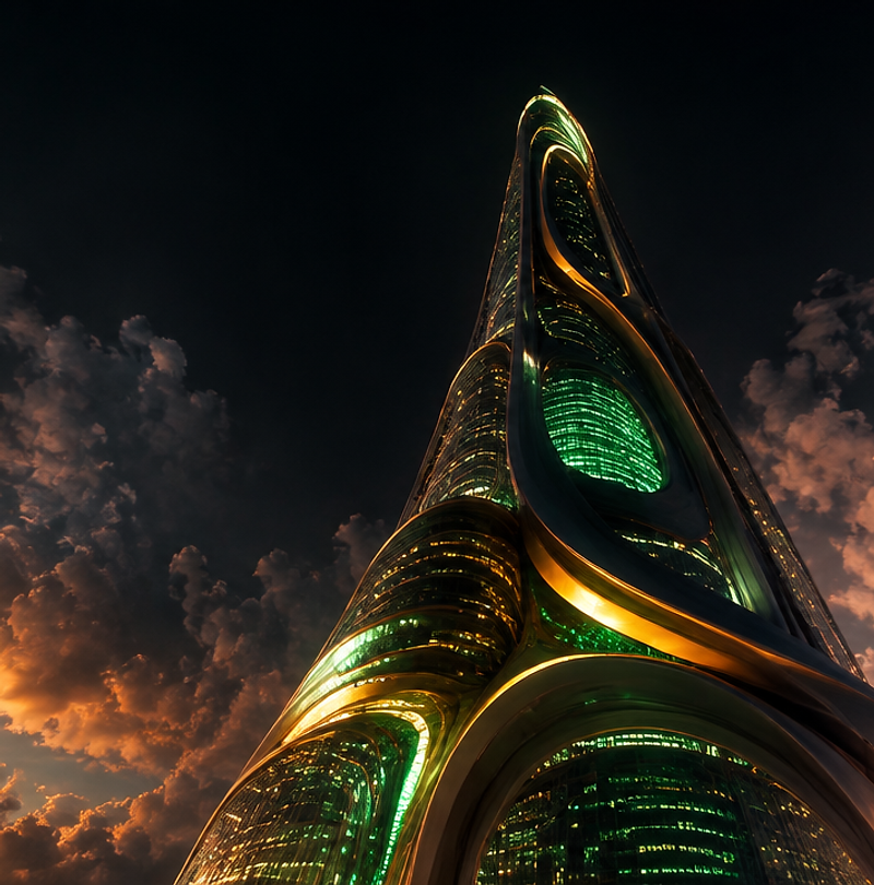 Sculpted supertall fashion tower glowing emerald and gold at twilight