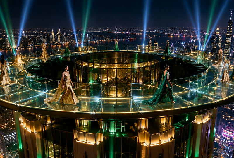 Circular glass sky runway on a tower crown at night