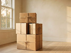 Stacked cardboard moving boxes tied with twine in an empty bright room