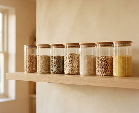 Pantry shelves with glass jars aligned in even rows