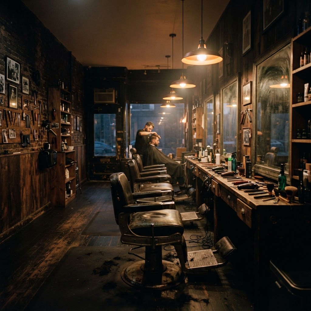 Illustrative concept image: a dark barbershop interior with leather chairs, mirrors and warm amber lighting
