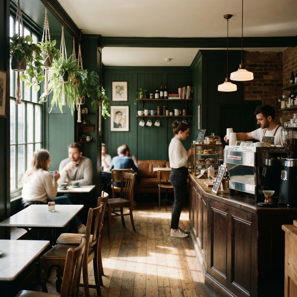 Sample café interior with a dark wood counter, espresso machine and plants by the window