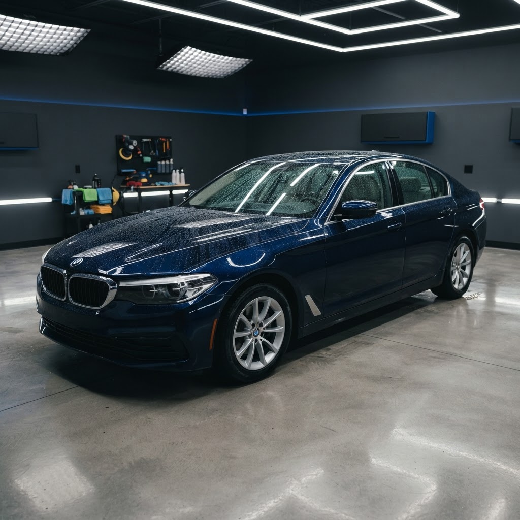 Sample detailing studio with a freshly polished dark car under overhead lighting
