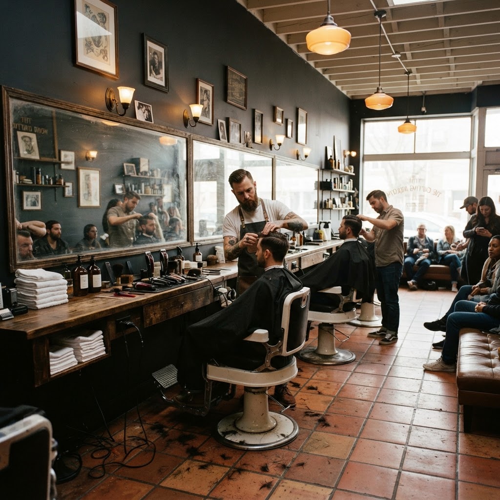 Illustrative image of the sample shop: a long counter, mirrors and warm overhead lighting