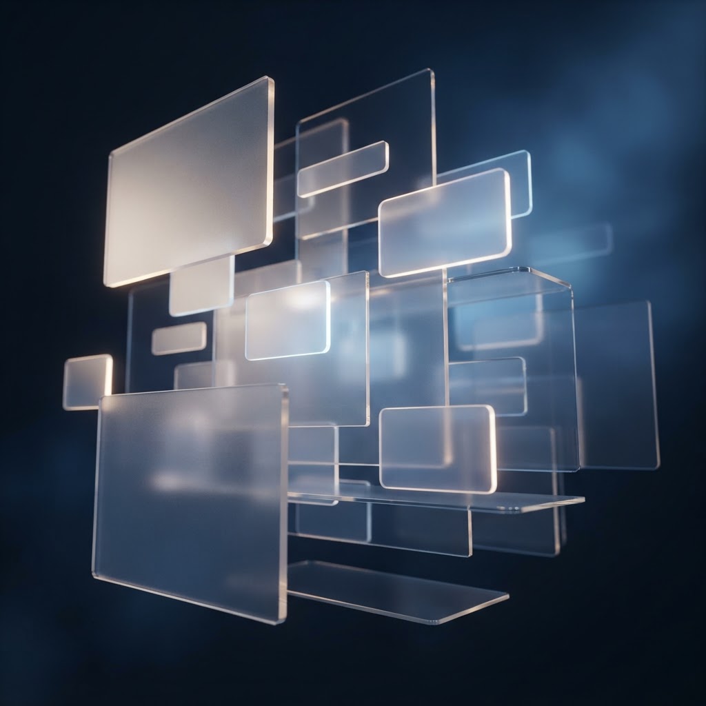 Abstract illustration: layered glass panels and interface cards floating in deep navy space with gold light