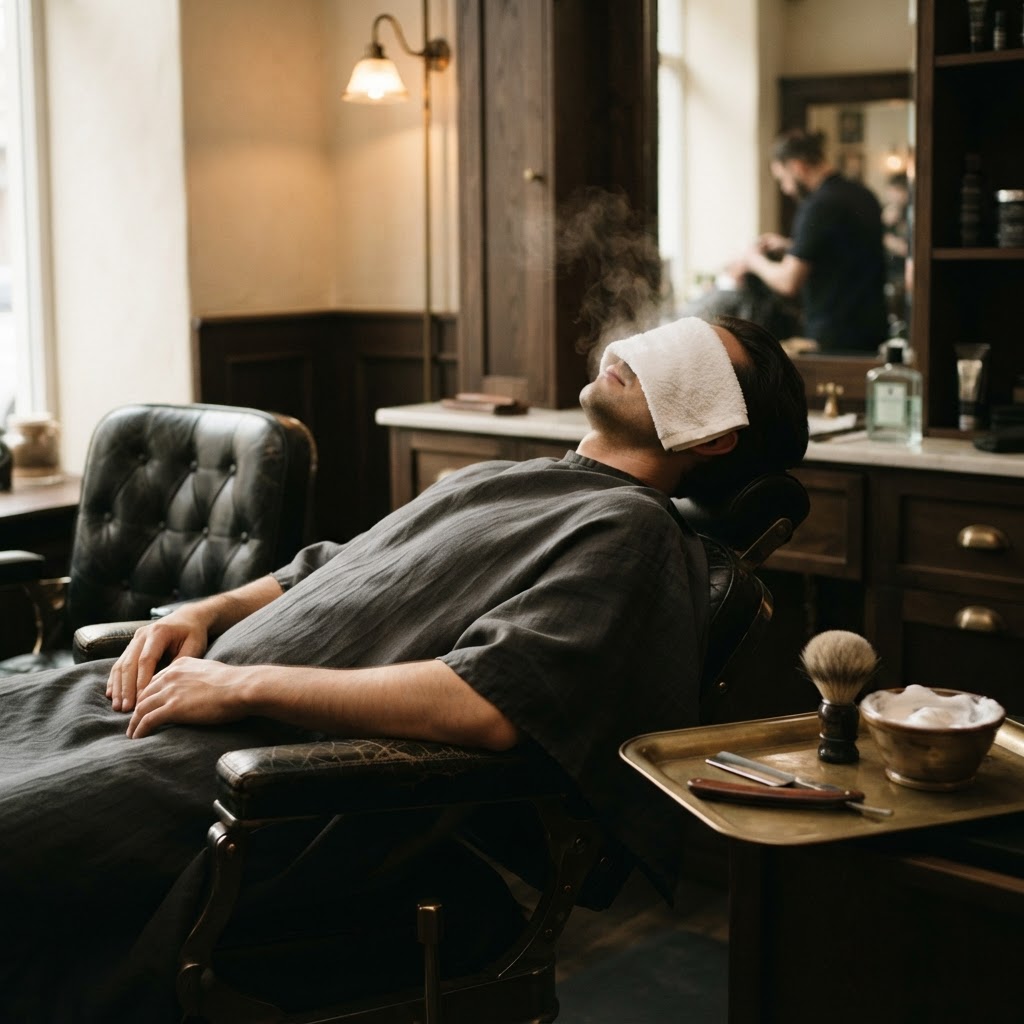 Illustrative image of a straight razor shave with a hot towel