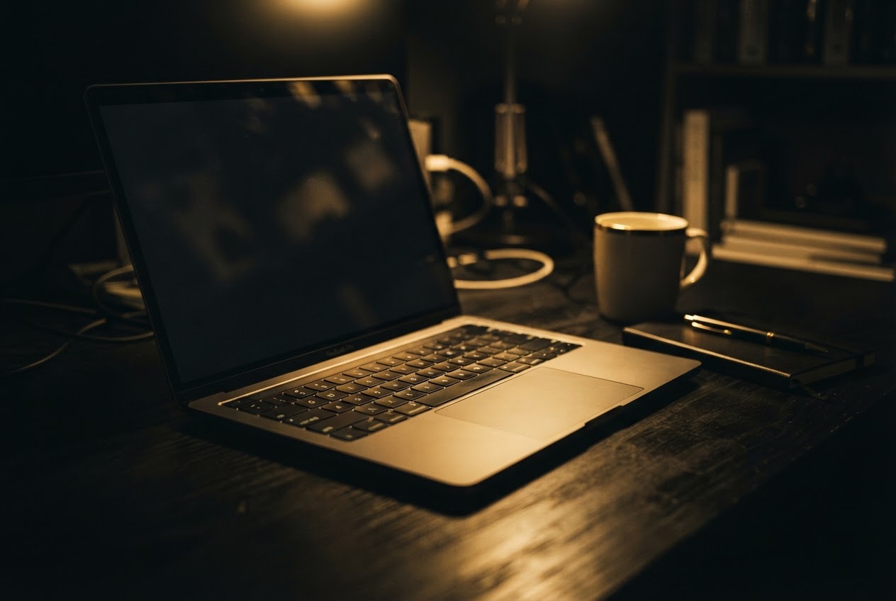 Gold-lit studio workspace at night