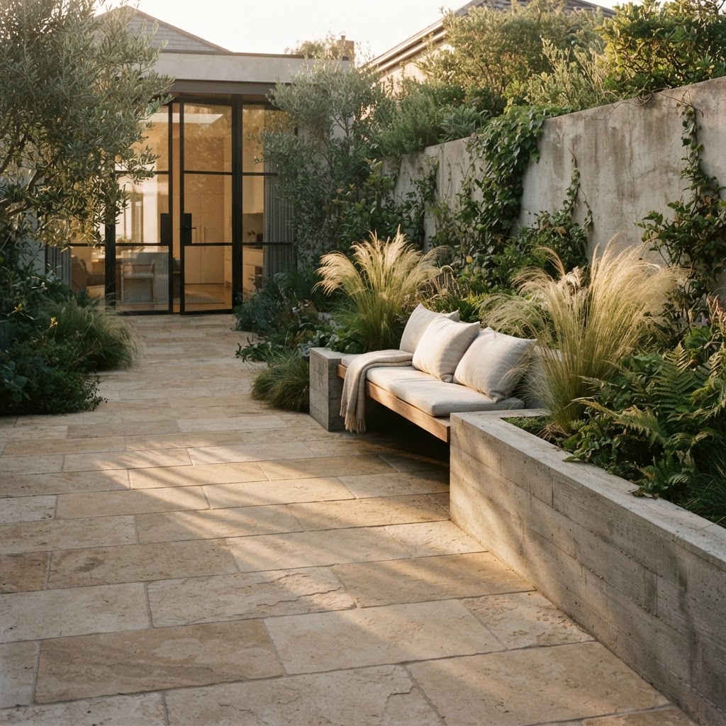 Illustrative concept image: an enclosed courtyard garden with limestone paving, planting and a built-in bench